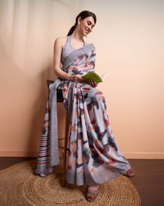 Elegant Grey Georgette Party Wear Saree | Designer Printed Georgette Blouse Ensemble