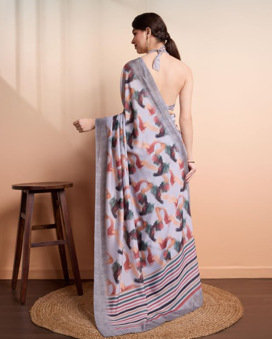 Elegant Grey Georgette Party Wear Saree | Designer Printed Georgette Blouse Ensemble