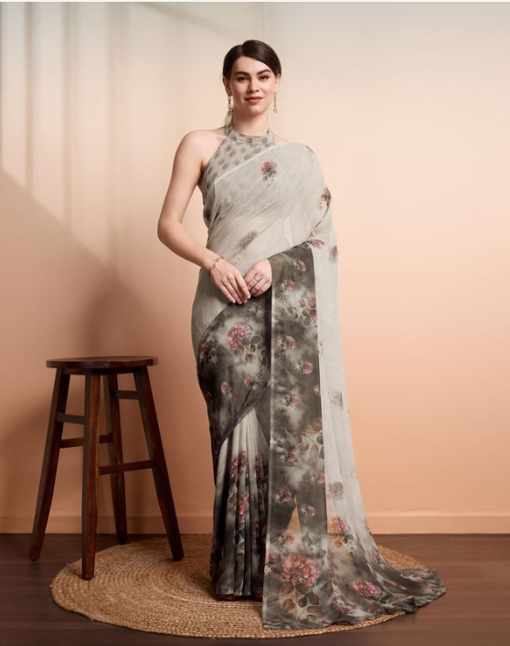 Shimmering Silver Georgette Party Wear Saree | Designer Printed Georgette Blouse Ensemble