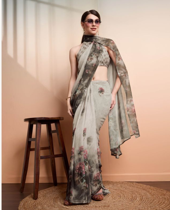 Shimmering Silver Georgette Party Wear Saree | Designer Printed Georgette Blouse Ensemble