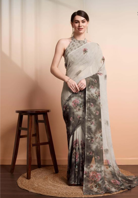 Shimmering Silver Georgette Party Wear Saree | Designer Printed Georgette Blouse Ensemble