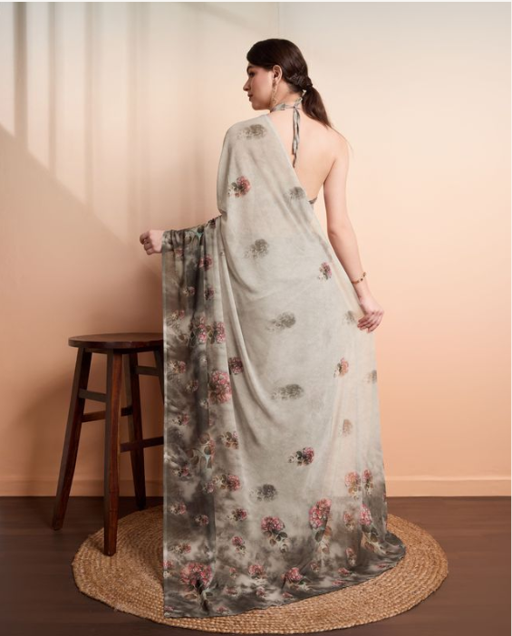 Shimmering Silver Georgette Party Wear Saree | Designer Printed Georgette Blouse Ensemble