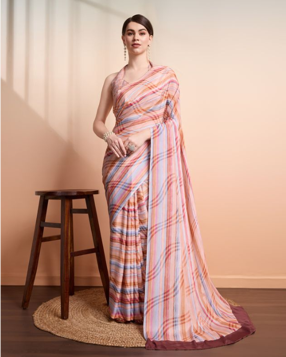 Soft Peach Georgette Party Wear Saree | Designer Printed Georgette Blouse Ensemble