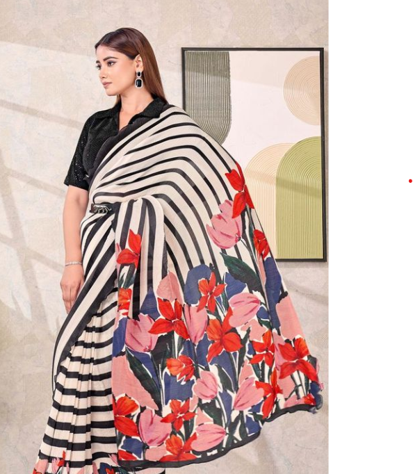 Monochrome Magic Pure Satin Silk Ready-to-Wear Saree | Sticky Work & Abstract Digital Print