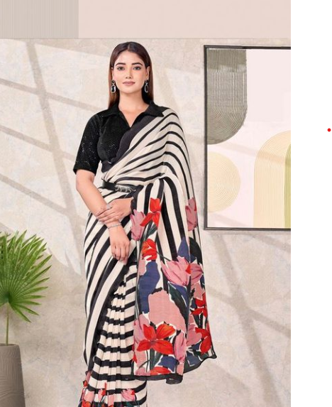 Monochrome Magic Pure Satin Silk Ready-to-Wear Saree | Sticky Work & Abstract Digital Print