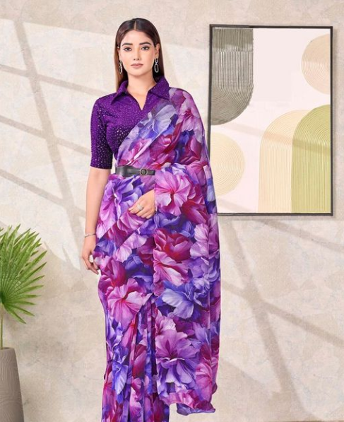 Royal Purple Pure Satin Silk Ready-to-Wear Saree | Sequence Embroidery & Abstract Digital Print