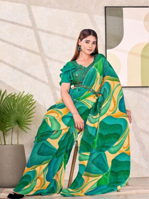 Emerald Garden Pure Satin Silk Ready-to-Wear Saree | Embroidery With Beads Work & Abstract Digital Print