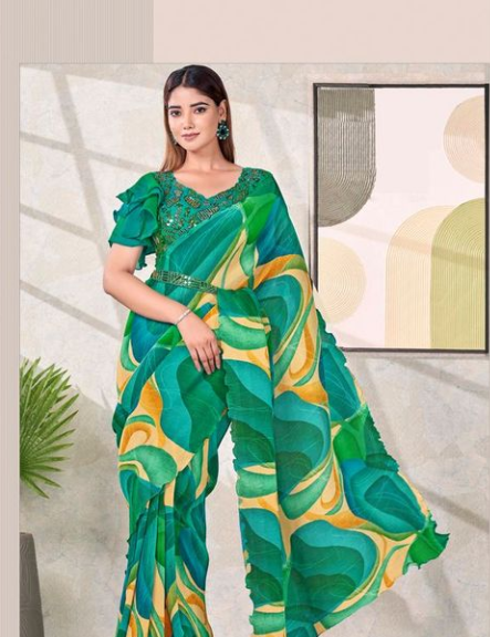 Emerald Garden Pure Satin Silk Ready-to-Wear Saree | Embroidery With Beads Work & Abstract Digital Print