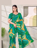 Emerald Garden Pure Satin Silk Ready-to-Wear Saree | Embroidery With Beads Work & Abstract Digital Print