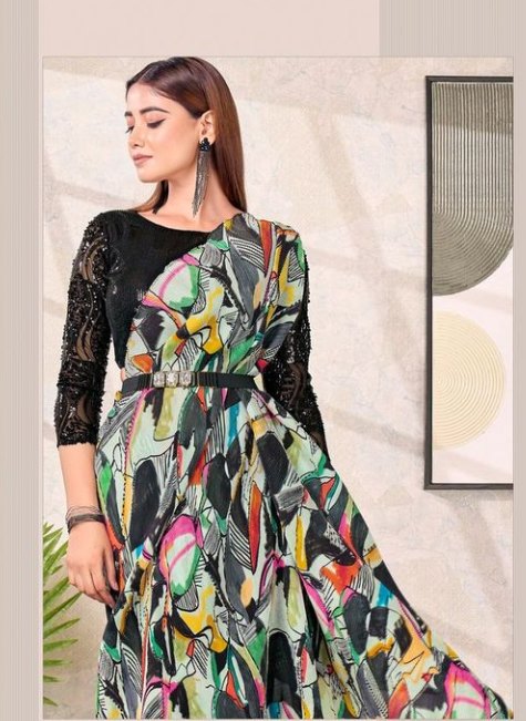 Midnight Black Pure Satin Silk Ready-to-Wear Saree | Sequence Embroidery & Abstract Digital Print