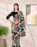 Midnight Black Pure Satin Silk Ready-to-Wear Saree | Sequence Embroidery & Abstract Digital Print