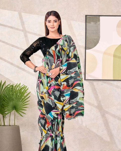 Midnight Black Pure Satin Silk Ready-to-Wear Saree | Sequence Embroidery & Abstract Digital Print