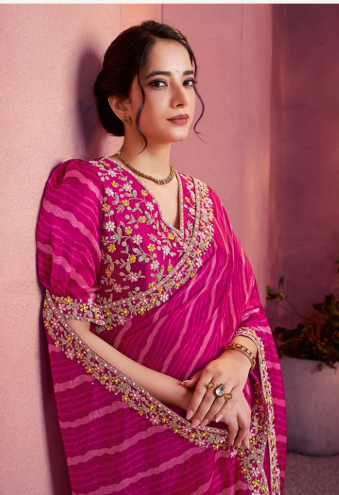 Rani Pink Two Tone Satin Silk Saree | Bandhani Lehariya Print with Embroidery & Stone Work