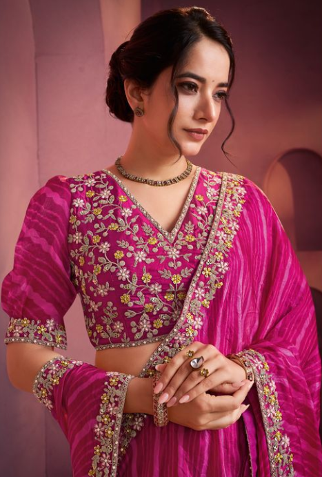 Rani Pink Two Tone Satin Silk Saree | Bandhani Lehariya Print with Embroidery & Stone Work