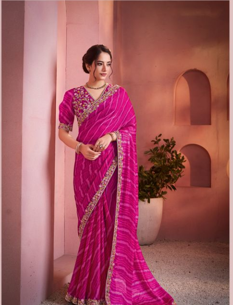 Rani Pink Two Tone Satin Silk Saree | Bandhani Lehariya Print with Embroidery & Stone Work