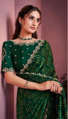 Emerald Green Two Tone Satin Silk Saree | Traditional Bandhani Print with Embroidery & Stone Work
