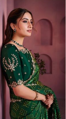 Emerald Green Two Tone Satin Silk Saree | Traditional Bandhani Print with Embroidery & Stone Work