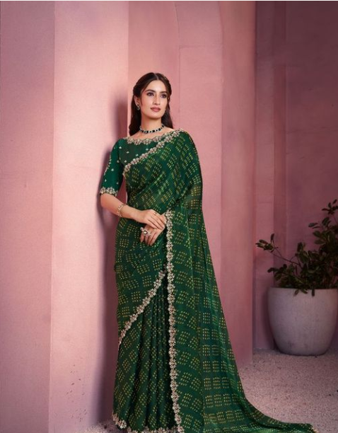 Emerald Green Two Tone Satin Silk Saree | Traditional Bandhani Print with Embroidery & Stone Work