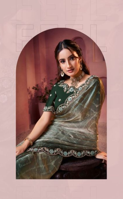 Peacock Blue Two Tone Satin Silk Saree | Bandhani Shaded Print with Embroidery, Sequin & Stone Work