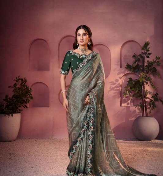 Peacock Blue Two Tone Satin Silk Saree | Bandhani Shaded Print with Embroidery, Sequin & Stone Work
