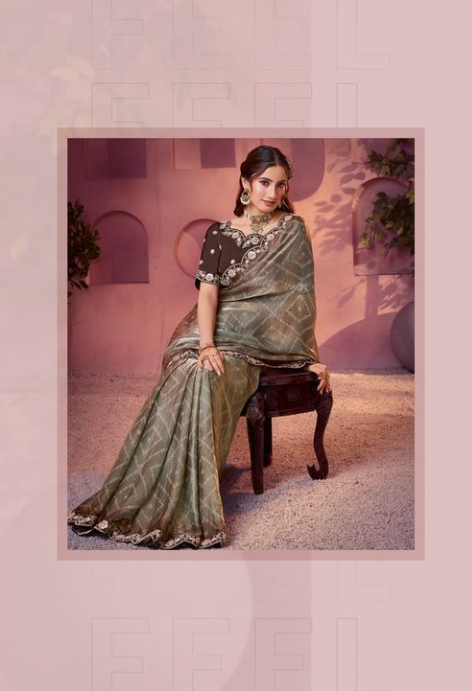 Copper brown Two Tone Satin Silk Saree | Bandhani Shaded Print with Embroidery, Sequin & Stone Work