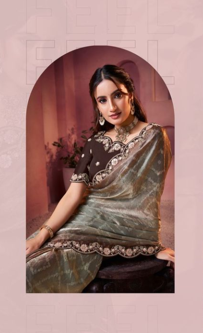Copper brown Two Tone Satin Silk Saree | Bandhani Shaded Print with Embroidery, Sequin & Stone Work