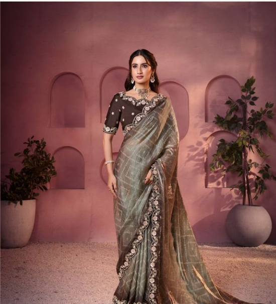 Copper brown Two Tone Satin Silk Saree | Bandhani Shaded Print with Embroidery, Sequin & Stone Work