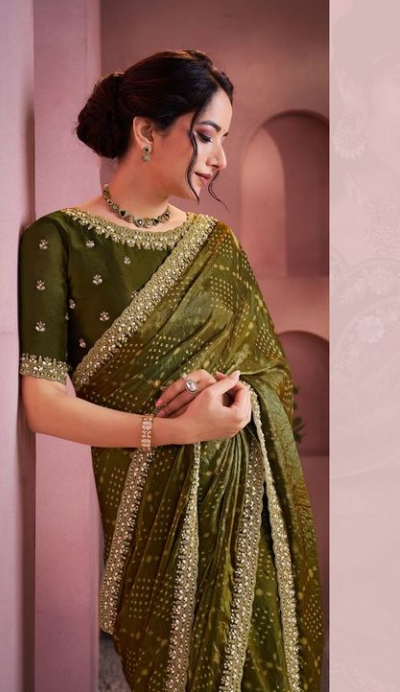 Emerald Green Two Tone Satin Silk Saree | Bandhani Gajji Print with Embroidery, Sequin & Stone Work