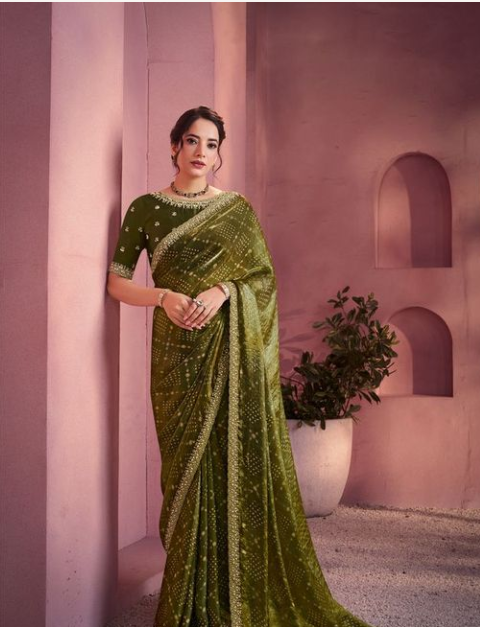 Emerald Green Two Tone Satin Silk Saree | Bandhani Gajji Print with Embroidery, Sequin & Stone Work