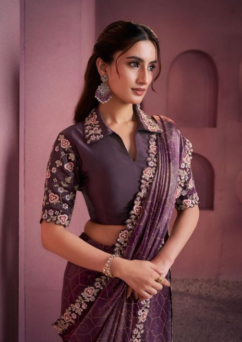 Wine Red Two Tone Satin Silk Saree | Bandhani Gajji Print with Embroidery & Stone Work