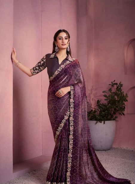 Wine Red Two Tone Satin Silk Saree | Bandhani Gajji Print with Embroidery & Stone Work