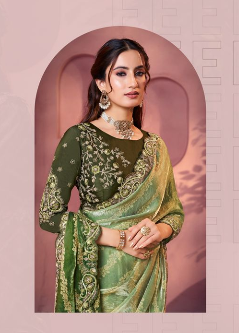 Emerald Green Two Tone Satin Silk Saree | Bandhani Shaded Print with Embroidery, Sequin & Stone Work