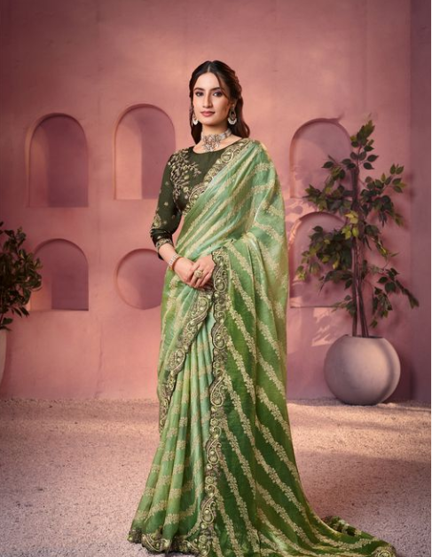 Emerald Green Two Tone Satin Silk Saree | Bandhani Shaded Print with Embroidery, Sequin & Stone Work