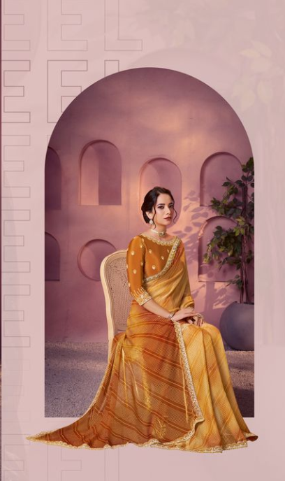 Sunshine Yellow Two Tone Satin Silk Saree | Bandhani Shaded Print with Embroidery, Sequin & Moti Work