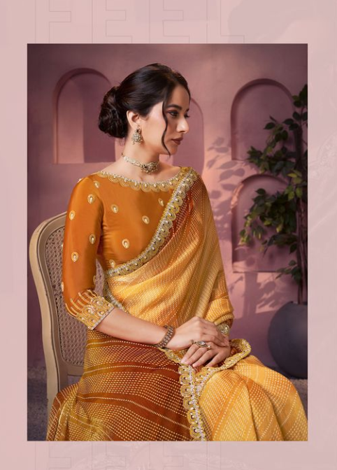 Sunshine Yellow Two Tone Satin Silk Saree | Bandhani Shaded Print with Embroidery, Sequin & Moti Work