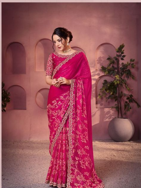 Rani Pink Two Tone Satin Silk Saree | Traditional Print with Embroidery, Sequin & Stone Work