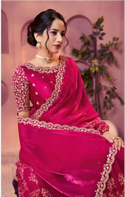 Rani Pink Two Tone Satin Silk Saree | Traditional Print with Embroidery, Sequin & Stone Work