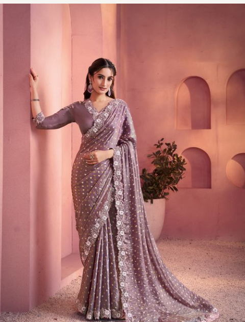 Lavender Bliss Two Tone Satin Silk Saree | Bandhani Print with Embroidery, Sequin & Stone Work