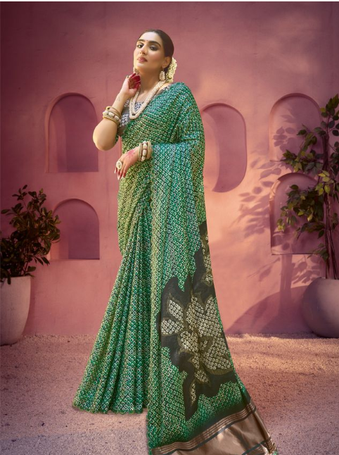 Emerald Green Gajji Silk Saree | Traditional Print with Pure Handwork