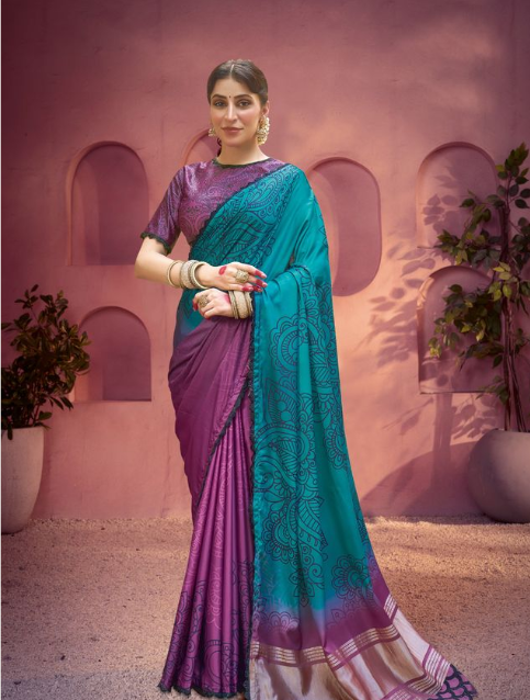 Mystic Purple & Blue Gajji Silk Saree | Traditional Print with Pure Handwork