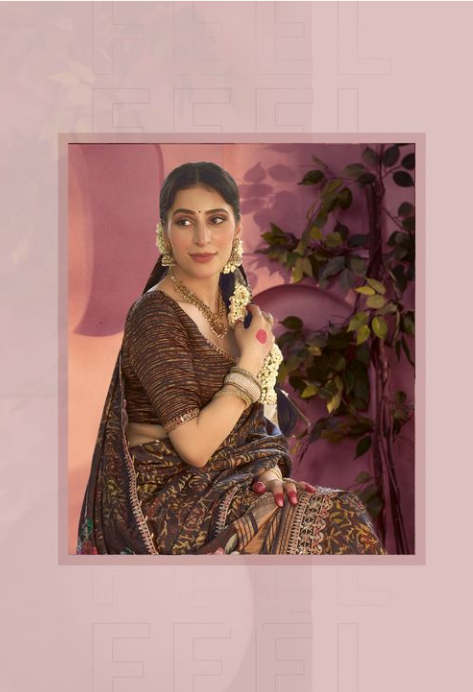 Earthy Brown Gajji Silk Saree | Traditional Print with Gota & Minakari Work