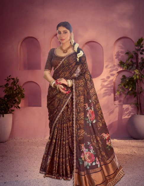 Earthy Brown Gajji Silk Saree | Traditional Print with Gota & Minakari Work