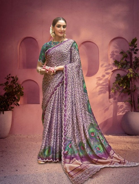 Royal Purple Gajji Silk Saree | Traditional Print with Diamond & Handwork