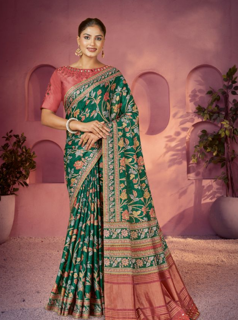 Fresh Green Gajji Silk Saree | Floral Print with Hand Work & Mirror Embellishments