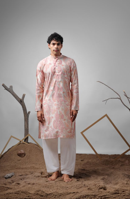 Pink Modal Print Kurta | Elegant Weaved Print Design with White Cotton Bottom