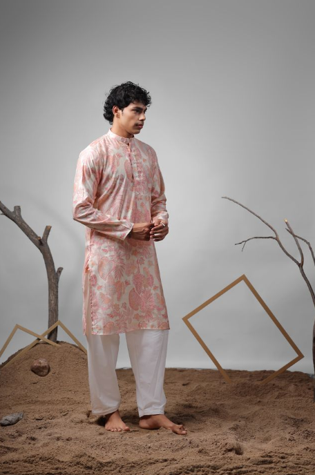 Pink Modal Print Kurta | Elegant Weaved Print Design with White Cotton Bottom