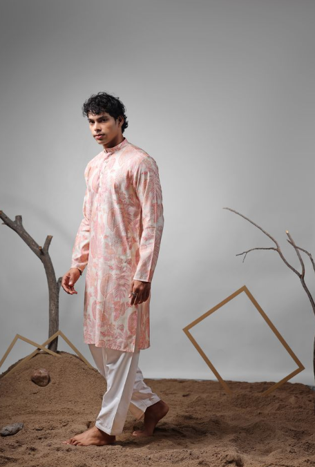 Pink Modal Print Kurta | Elegant Weaved Print Design with White Cotton Bottom