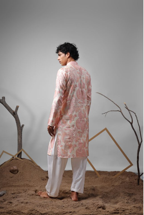 Pink Modal Print Kurta | Elegant Weaved Print Design with White Cotton Bottom