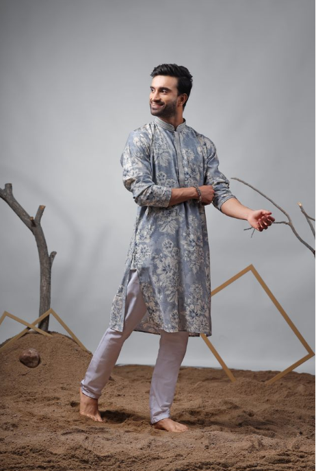 Blue Modal Print Kurta | Sophisticated Weaved Print Design with White Cotton Bottom