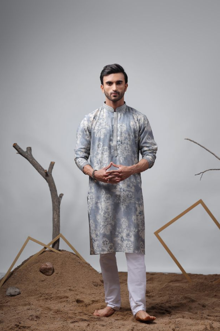 Blue Modal Print Kurta | Sophisticated Weaved Print Design with White Cotton Bottom
